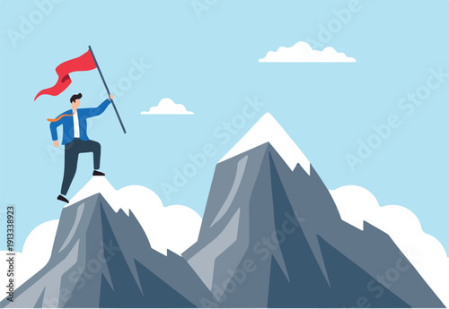 Flat illustration of motivated businessman reach mountain peak aiming for greater career success
