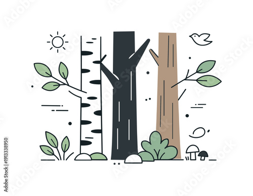 Forests. Close-up composition of tree trunks, leaves, and branches arranged with clean rhythm. Natural textures simplified into a modern