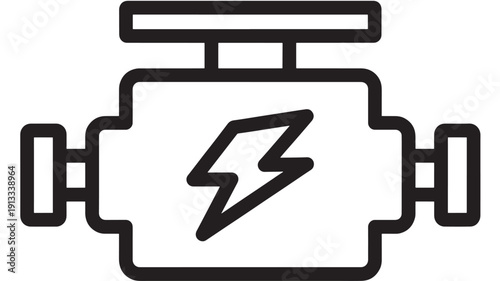 Engine warning icon in bold black outline showing lightning bolt symbol, electric motor or automotive diagnostic concept isolated on white background featuring energy, electricity, car dashboard with