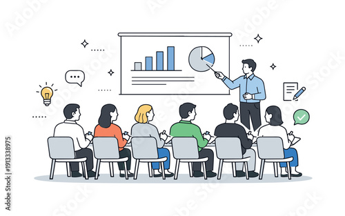 Seminar audience coverage. Rows of seated attendees taking notes while a speaker presents slides, balanced and quiet learning mood. Clean