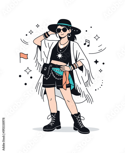 Festival fashion style. A person wearing expressive festival outfit with layered fabrics and bold accessories, relaxed confident pose.