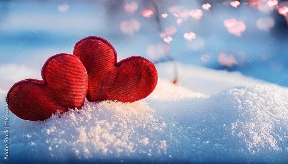 Obraz premium Valentines Day Background With Two Painted Hearts In The Snow