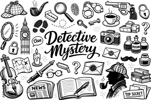 Baker Street detective vibes, hand drawn doodle elements set, center hand-lettered title, black & white vector line art, bold
