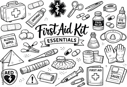 First aid kit fundamentals, hand drawn doodle elements set, center hand-lettered title, black & white vector line art, bold clean