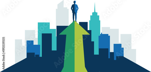 Business success arrow with city skyline, career growth concept, flat vector illustration for leadership, progress, and professional achievement design