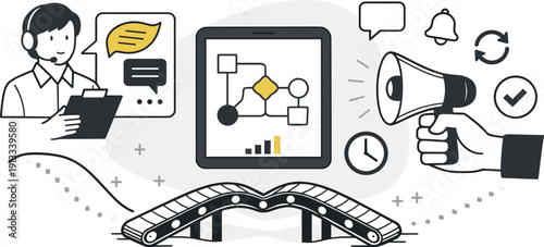 Modern minimal flat vector conceptual collage, crisp hard edges, consistent THIN outline stroke, rounded corners where needed,