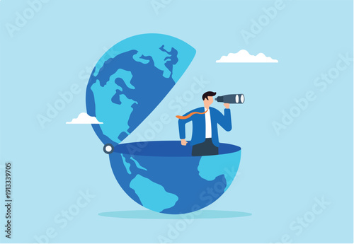 Flat illustration of smart businessman open globe using binoculars searching future international business opportunities world economic vision