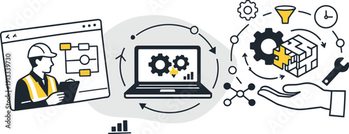 Modern minimal flat vector conceptual collage, crisp hard edges, consistent THIN outline stroke, rounded corners where needed,