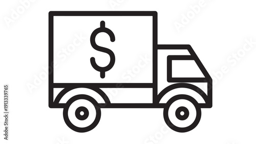 Delivery truck icon with dollar sign on cargo box, minimalist black outline on white background representing shipping costs, freight charges, logistics pricing and transport
