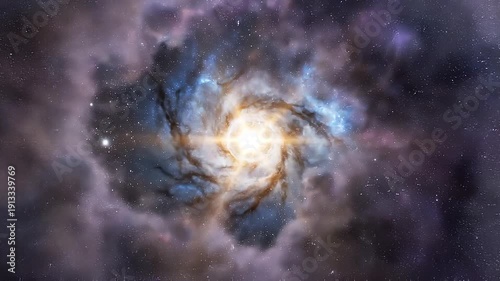 A vibrant spiral cosmic formation with a bright central glow featuring swirling blue purple and orange nebulae amidst countless stars