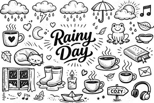 Moody rainy day ambience, hand drawn doodle elements set, center hand-lettered title, black & white vector line art, bold clean