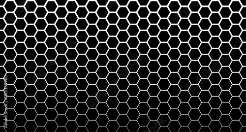 Honeycomb gradient hexagon seamless pattern. White hexagonal grid on black background with fading gradient effect. Vector geometric texture for backgrounds, wallpapers, and digital graphic design