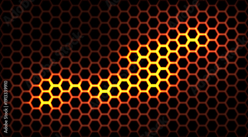 Honeycomb seamless glowing fire pattern. Bright orange and yellow illuminated hexagonal grid on black. Vector futuristic design with fiery light effect for wallpapers, sci-fi textures, backgrounds