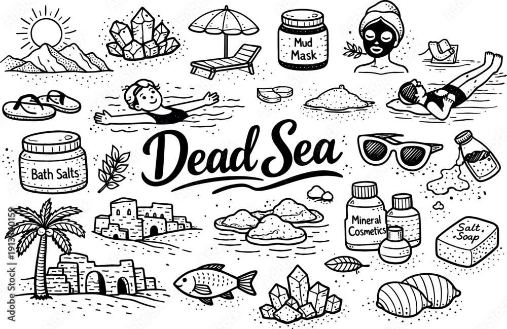 Fototapeta premium Dead Sea scenic icons, hand drawn doodle elements set, center hand-lettered title, black & white vector line art, bold clean