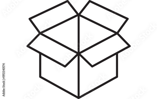 Open cardboard box icon in bold black outline, simple package symbol for shipping, delivery, storage, moving, unboxing and logistics isolated on white