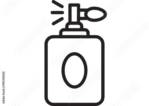 Spray bottle icon in black outline style showing sanitizer or perfume sprayer, minimal vector pictogram isolated on white background for hygiene, cleaning, and UI design