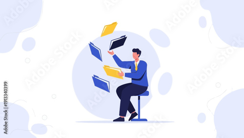 Man juggling folders, managing documents, data organization, workflow concept