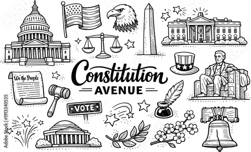 Constitution Avenue iconic icons, hand drawn doodle elements set, center hand-lettered title, black & white vector line art, bold