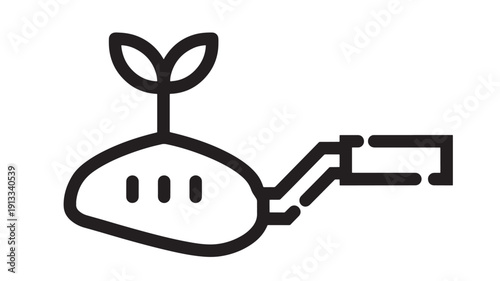 Robot plant icon with leaf sprout and mechanical arm, minimalist black line art symbol for eco technology, sustainable automation, green AI and robotics