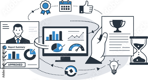 Modern minimal flat vector conceptual collage, crisp hard edges, consistent THIN outline stroke, rounded corners where needed,