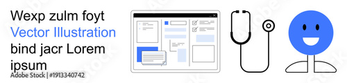 Healthcare technology, telemedicine, online consultation, user interface design, medical services, digital diagnostics. Web interface with stethoscope and happy face. Healthcare technology