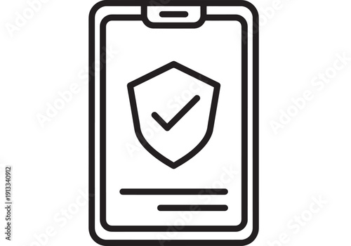 Smartphone security icon showing shield with check mark on mobile screen, minimal line art for cybersecurity, privacy protection, secure app login and data safety