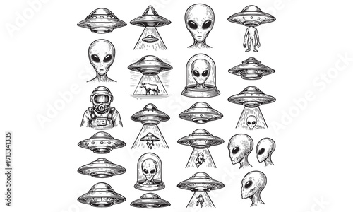 UFO and Alien Sketch Collection - Flying Saucer and Extraterrestrial Drawing Set