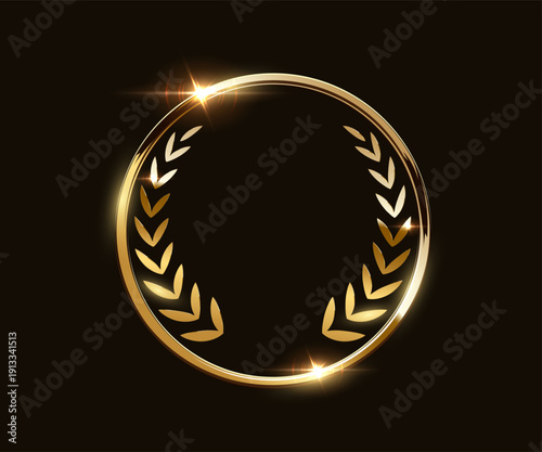 Gold award medal. Golden award winner emblem. Shiny round frame with wreath laurel and light sparkles on dark background for winners ceremony, branding, rewards. Luxury elegant vector illustration.