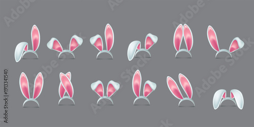 Easter bunny ears. Pink and white rabbit ear headbands in multiple shapes and positions. Easter kid, girl, woman costume designs elements. Realistic 3d vector illustrations set.