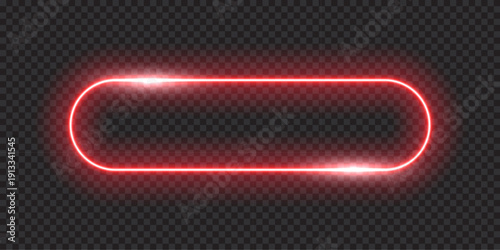 Neon glow light rounded rectangle frame. Led rectangular game button. Red light outline on transparent with soft luminous effect. Futuristic UI element. Modern colorful geometric vector illustration.
