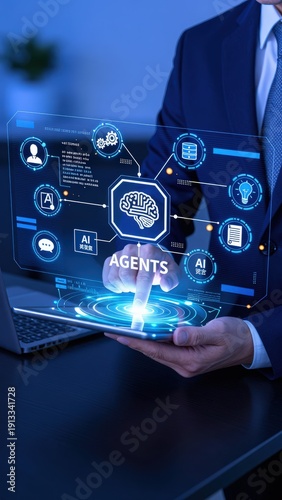 AI Agents Concept on Tablet Futuristic Business and Technology