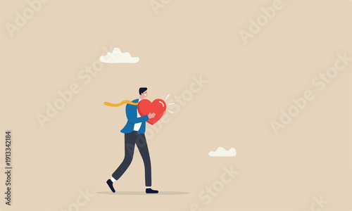 Work passion inspire to achieve career success, love your job or happy and enjoy working dream job concept, happy businessman holding passionate heart shape walking to work