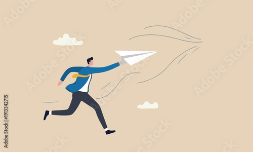 Start entrepreneurship inspiration to achieve business success concept, ambitious businessman running about to throwing to launch big paper airplane origami