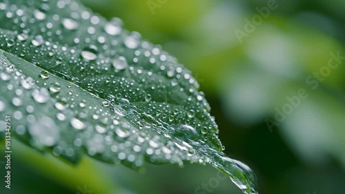 Close-up of a vibrant green leaf adorned with numerous clear water droplets set against a softly blurred green background