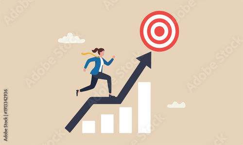 improvement target performance achieve success, progress or challenge concept, businesswoman running up rising arrow on performance improvement bar graph