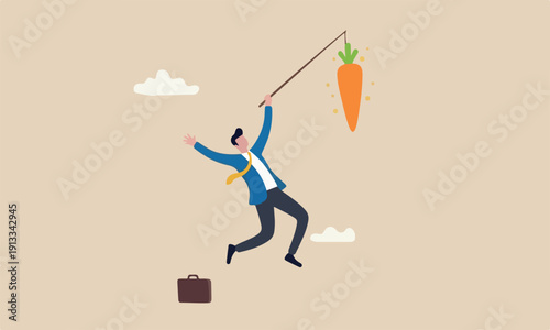 Motivation incentive motivate employee, reward or trick to influence people or manipulation concept, seduced businessman jump in the air to catch tempting carrot baiting lure from the stick