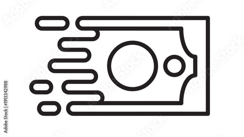 Money transfer icon showing flying banknote with motion lines, fast payment and cash flow concept in simple black outline vector on white background featuring funds, finance, banking with fintech and