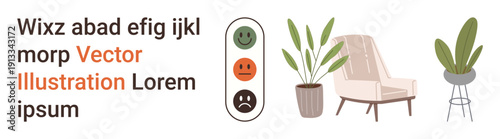 Home decor, feedback systems, mood tracking, minimalism, indoor plants, lifestyle design. Visual shows potted plants, an armchair and mood-related happy icons. Home decor and feedback systems