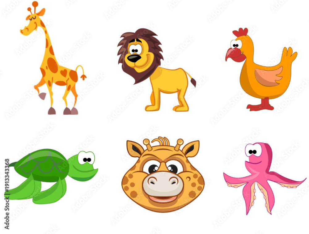 Fototapeta premium Cartoon animals icons set. A set of colorful cartoon animal icons on white background.