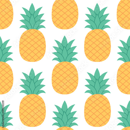 Seamless pattern with bright pineapple on light background. Tropical summer design for card, fabric, wrapping, wallpaper, textile, packaging, beach, kids decor. Flat vector. Hand drawn.