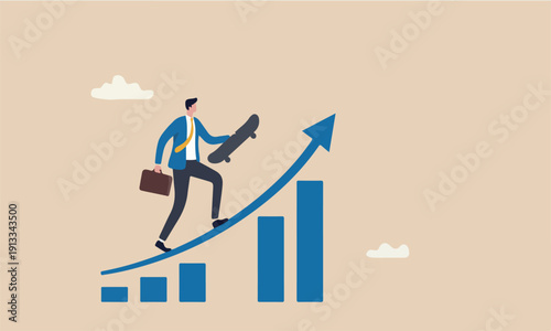 Growth style of the illustration is modern, flat design with clean lines and minimal shading career development or financial profit earning, businessman with skateboard prepare to run on growth rising