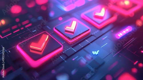 Neon illuminated checkmarks glow brightly on a dark digital circuit board interface in a futuristic setting. Concept of task completion, cybersecurity verification, and digital success.