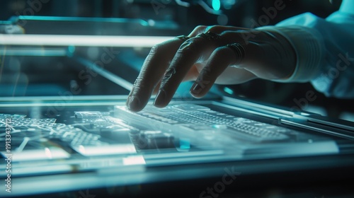 Professional hand interacts with a translucent digital touch screen displaying complex data and geometric patterns. Concept of innovation, future technology advancement, and human computer interaction