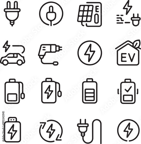 Charging icon set. Containing charge, battery, energy, electricity, charger, recharge, electric car and charging station icons. 