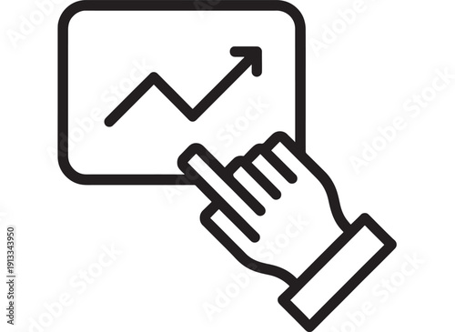 Analytics dashboard icon with rising line chart and hand pointer clicking screen, simple black outline vector symbol for business growth, reporting, KPI tracking