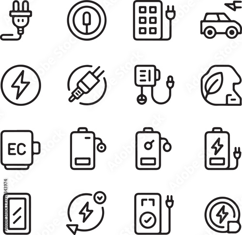 Charging Web Icon Set in Line Style. Collection of Electricity Linear Icons, Including wireless charging, charge, energy, socket, battery, charging station