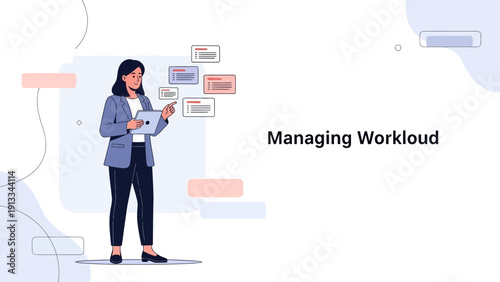 Businesswoman Managing Workload with Digital Tablet and Task Boards