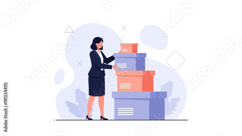 Businesswoman with Stack of Boxes for Delivery or Storage | Flat Vector Illustration