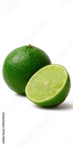 Fresh whole and sliced limes on white background highlighting vibrant green citrus