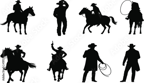 American Cowboy Silhouette Collection on Horseback and Standing, Black Wild West Vector Illustrations for Western Frontier, Rodeo, and Rustic Country Design Projects